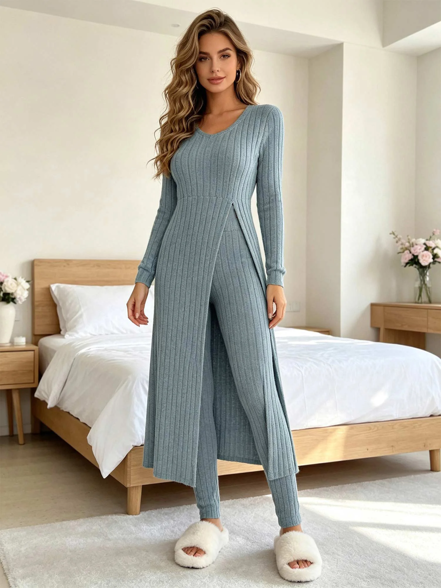 Women Ribbed Pajama Set 2-piece Autumn Casual Loungewear Long Sleeve Side High Split Top with High-waisted Leggings Homewear
