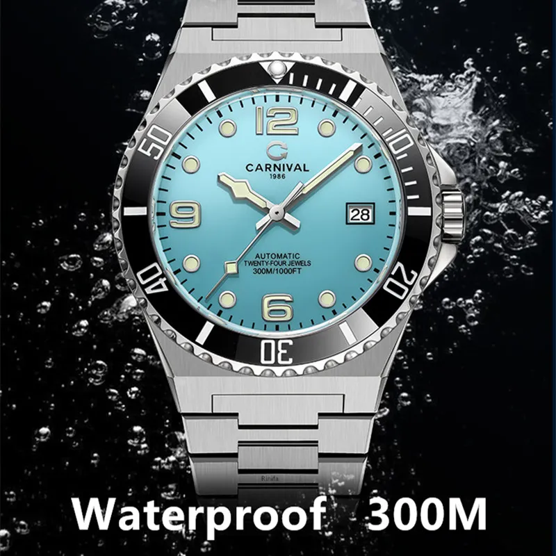 Carnival Mens Watches Waterproof 300M NH35 MIYOTA Automatic Sports Luxury Sapphire Diving Watch Mechanical Water Ghost Bezel2026