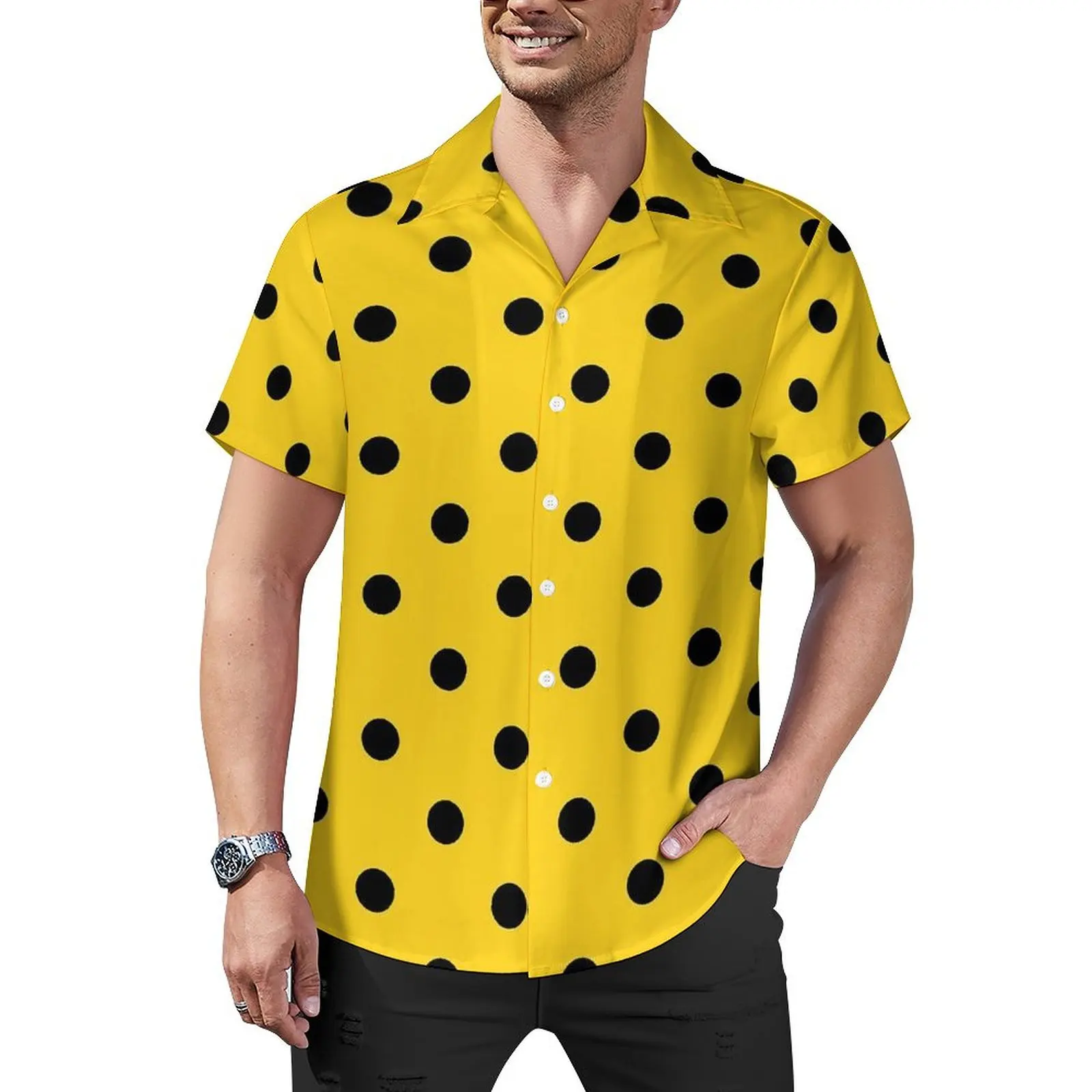 

Hawaiian Shirt Beach Retro Polka Dots Blouses Black Yellow Vintage Casual Shirts Men Short Sleeve Breathable Oversize Clothes