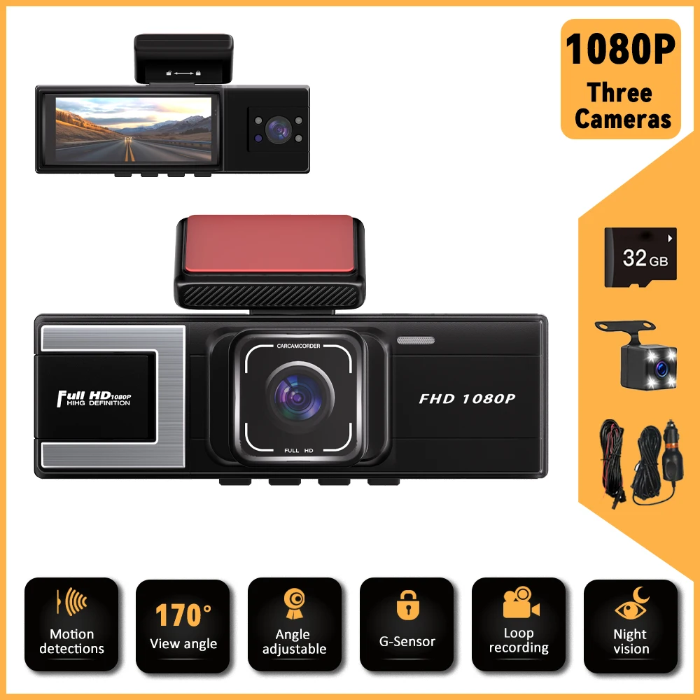 Kamera Dash Cam 3 Kamera 1080P HD Tersembunyi untuk Mobil, Kamera DVR 3.16 inci, Black Box, Penglihatan Malam, Monitor 24 Jam, Kamera Dashboard