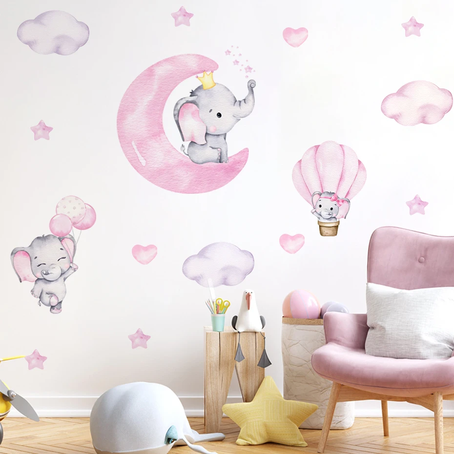 Watercolor Cartoon Pink Baby Elephant Wall Stickers Hot Air Balloon Wall Decals Baby Nursery Home Decor Moon and Stars for Girl