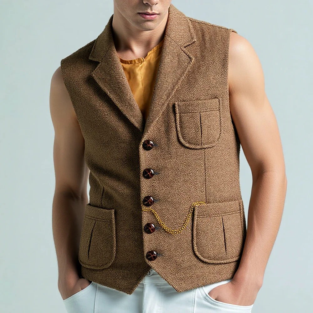 Lapel Neck Men's Suits Vest Herringbone Homespun With 3 Real Pocket Single Breasted Men's Business Waistcoat For Wedding