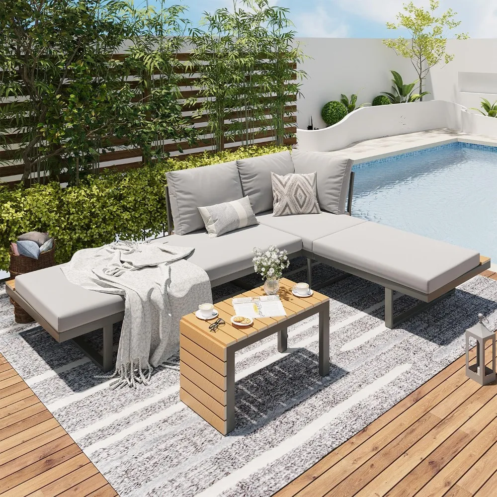 Juego de sofá cama exterior moderno gris de 3 piezas con mesa de centro y sofá seccional