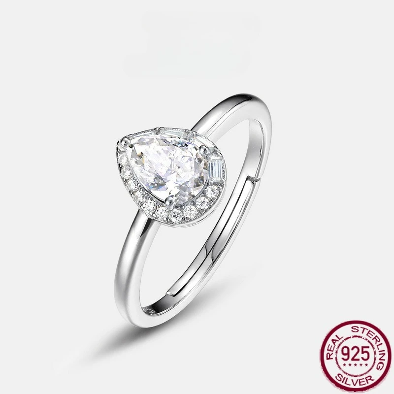 

New S925 pure silver moissanite white zirconium inlaid pear shaped finger ring fashionable and simple wedding jewelry
