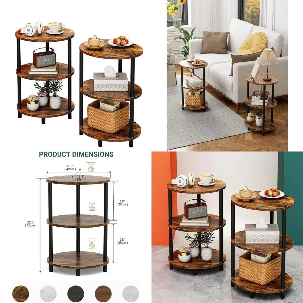 

Rustic 3-Tier Oval Side Table Set, Compact for Small Spaces, Wood and Metal, Suitable for Living Room or Bedroom