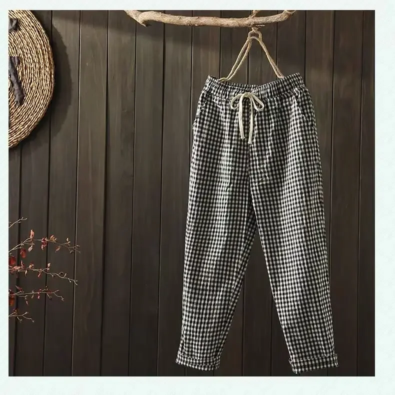 2024 Spring Summer Plaid Pants Women\'s  Harem Pants Capris Drawstring Waist Large Size Casual Loose Cotton Linen Trousers Women