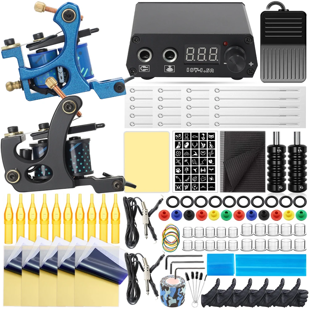 

Complete Coil Tattoo Machine Kit with Power Supply Tattoo Ink Gloves Grips Practice Skin Tattoo Needles Set for Tattoo Beginner