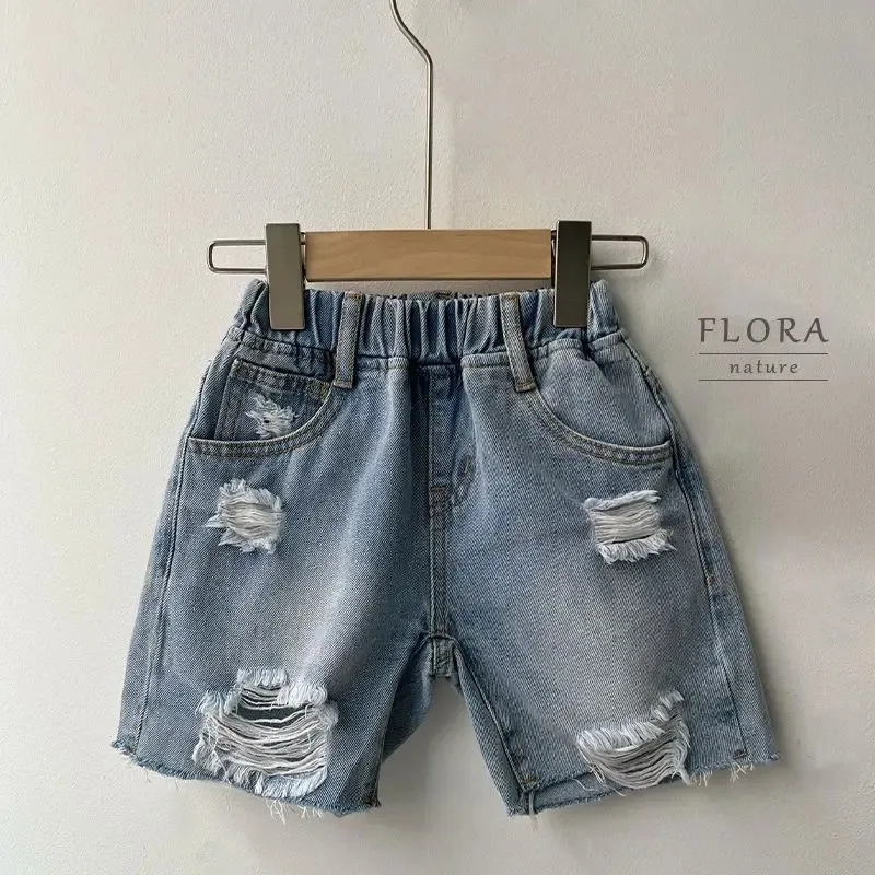 Kids Ripped Denim Shorts Summer Thin Boys Girls Unisex Baby Casual Five Point Pants Outer Wear Mid Calf Pants