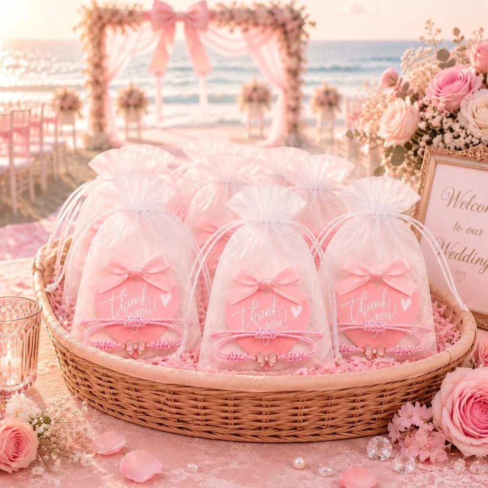 6‑30Sets Pink Bow Bracelet Gift Set with Hair Clip Heart Thanks Card Organza Bag Wedding Bridal Shower Birthday Girl Party Favor