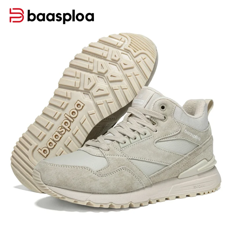 Baasploa Women Leather Boots Winter Plush Warm Anti Splash Water Cotton Walking Shoes Women Comfort Ankle Snow Boots Non-Slip