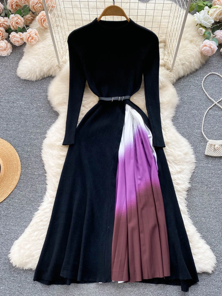 Women Elegant Vintage French Knit Patchwork Gradient Color Pleat Slim High Waist Dress Autumn Round Neck Long Sleeved Belt Robe