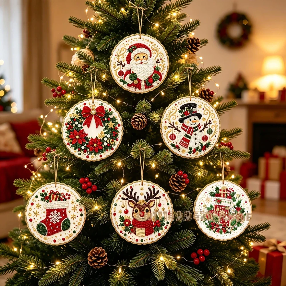 6PCS Christmas Ornaments DIY Pearl Art Kits for Adults,8*8cm Acrylic Hanging Craft Decor Diamond Art Kits with Twine