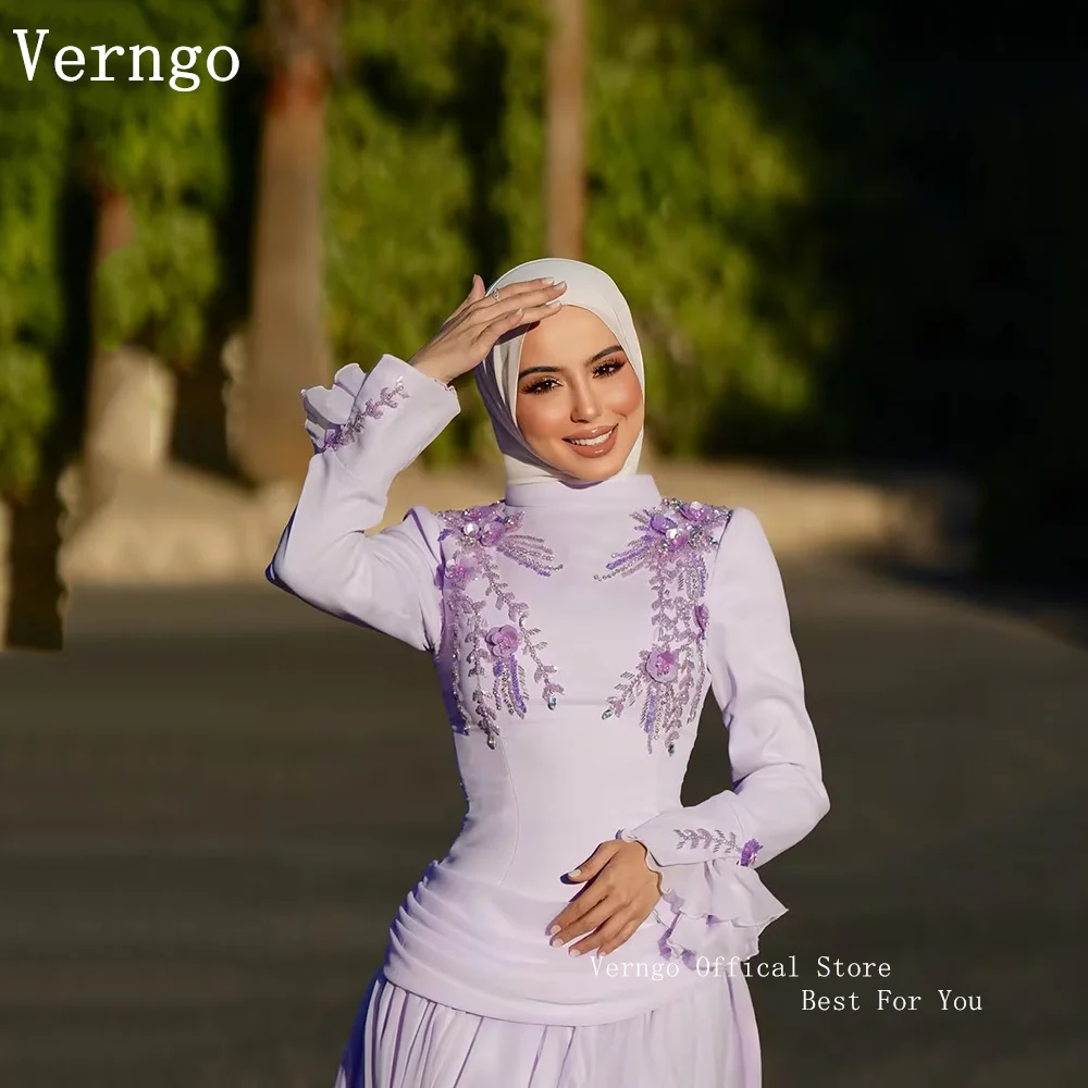 

Verngo Graceful Lavender Chiffon Evening Dress Appliques A Line Full Sleeves Mulism Party Dresses Elegant Prom Gowns Customized