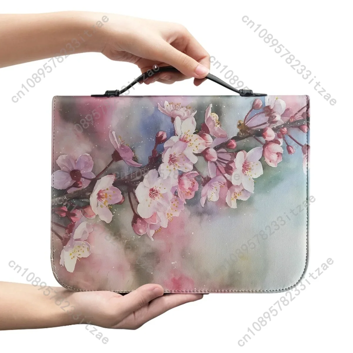 Spring Cherry Blossom Painting Bible Cover Case Women's Bible Storage Bag Pu Leather Zippered Handbag Holy Storage Boxes Bolsas