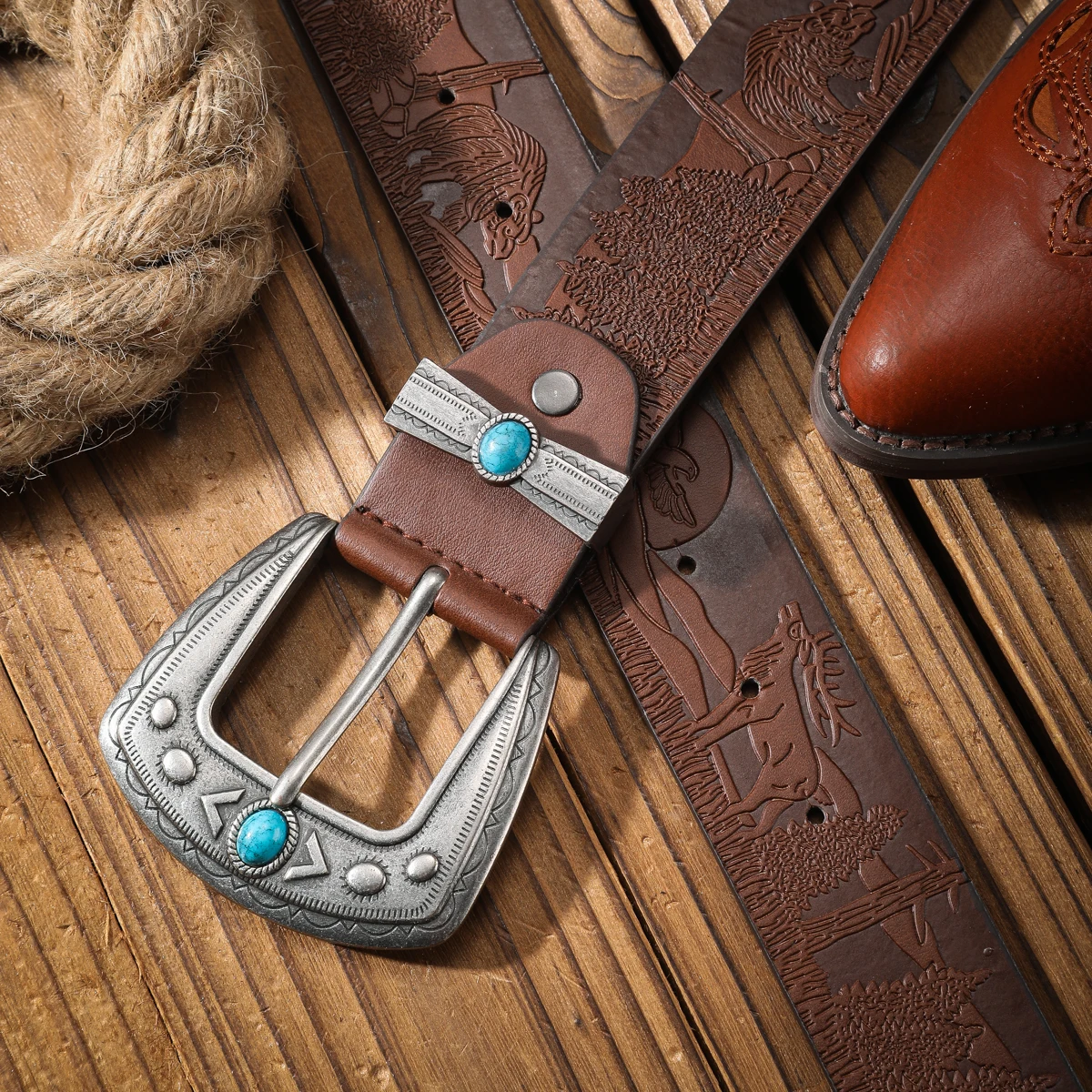 1pc Western Cowboy Style Belt - Suitable for Both Men and Women. Metal Western Buckle. PU Embossed Vintage Belt