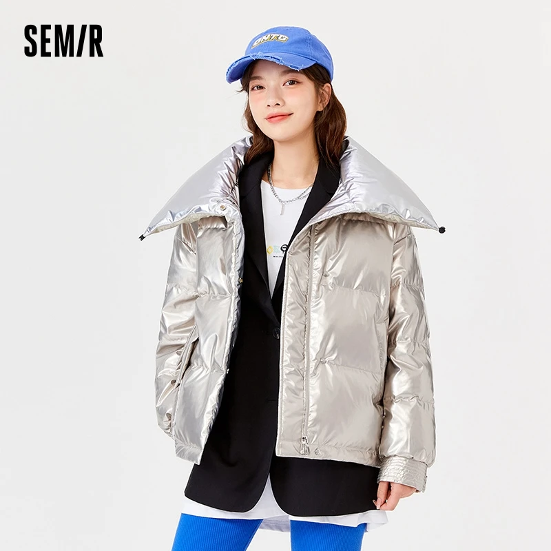 

Semir Down Jacket Women Bright Contrasted Color Lapel Design 2021 Winter New Salt Fashion Loose Bread Jacket