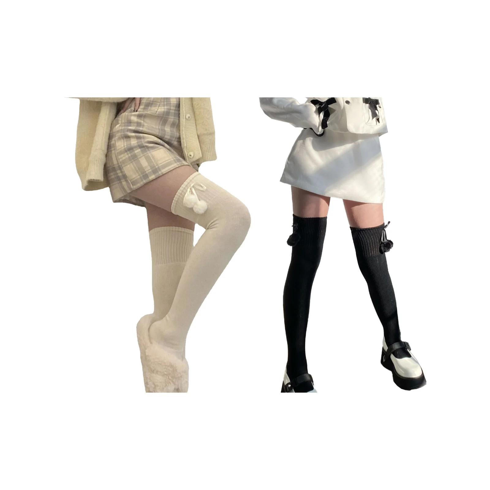 

Женские зимние теплые вязаные чулки выше колена с милым плюшевым бантом