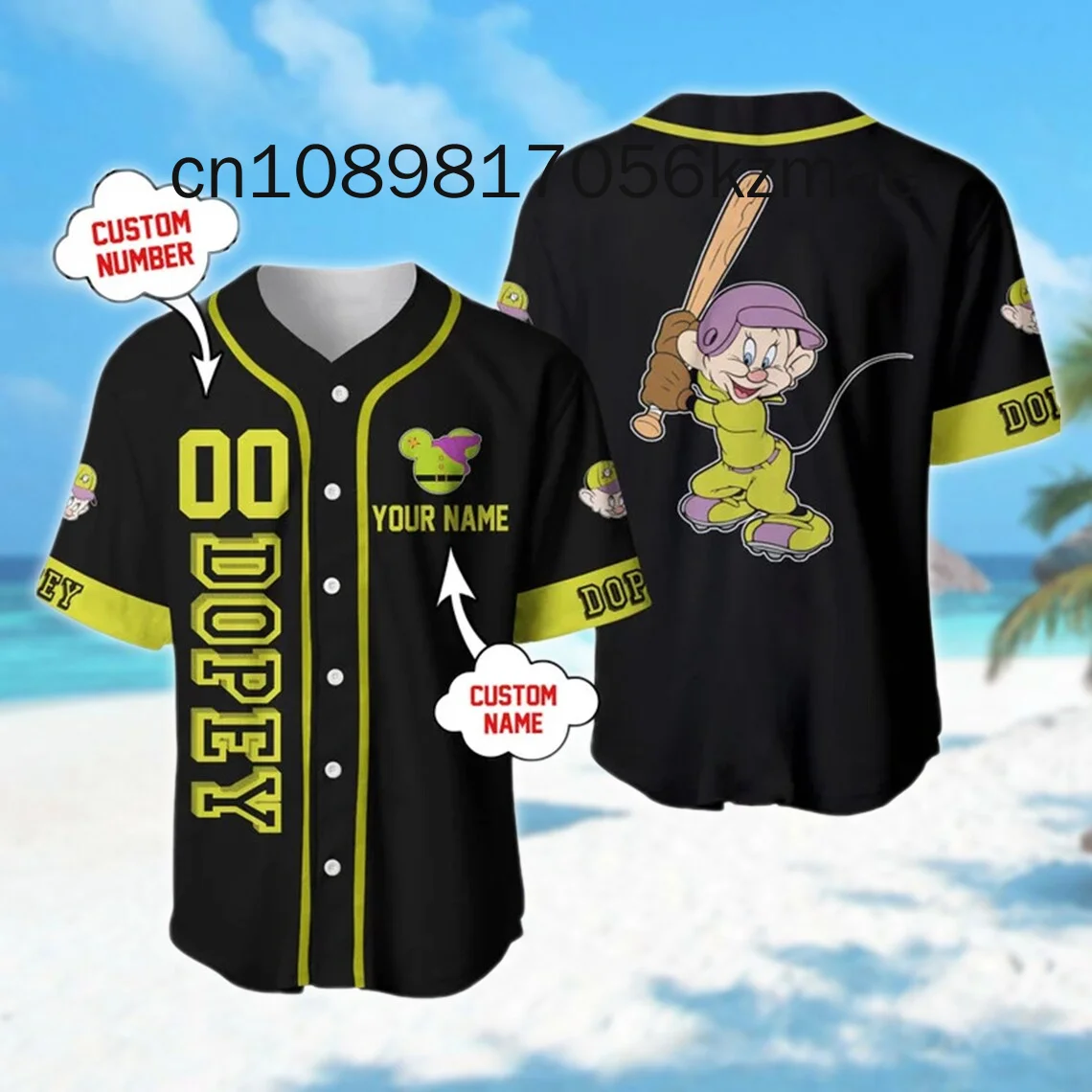 2024 New Disney Dopey Baseball Jersey Men's Women's Kids Short Sleeve Button Baseball Shirt Casual Sports Shirt