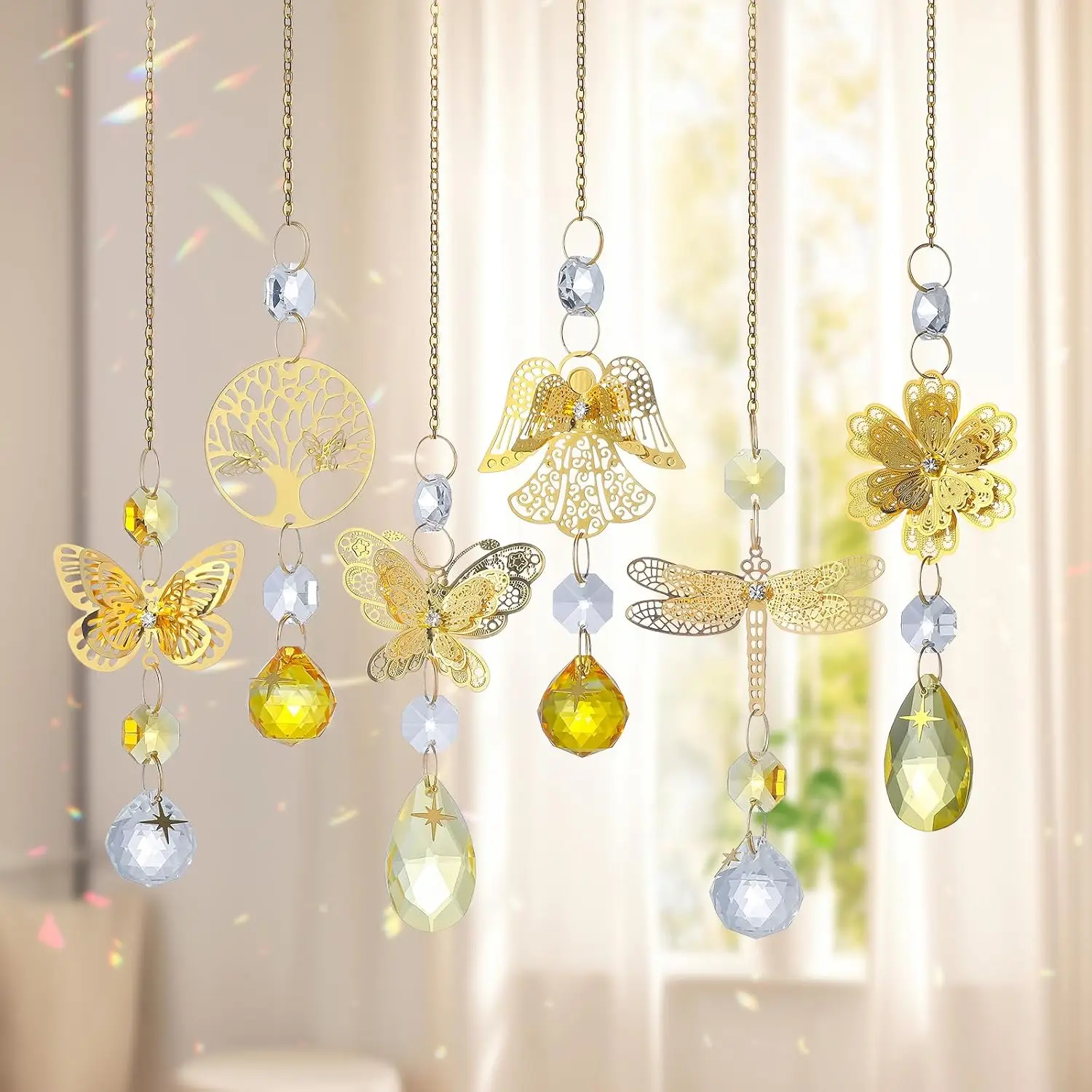 6pcs Yellow Crystal Suncatchers for Window Hanging Ornaments Garden Sun Catchers with Crystals Rainbow Maker Indoor Decor