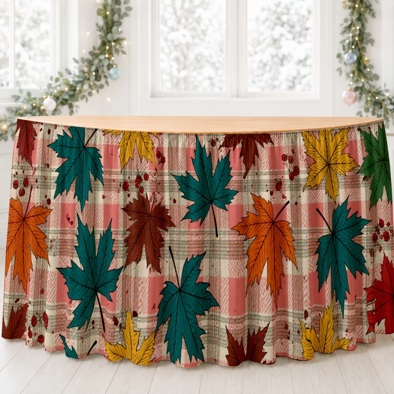 Table skirt / tableskirt, autumn, maple leaves, check pattern, cozy, family gathering, Thanksgiving Dayzyc