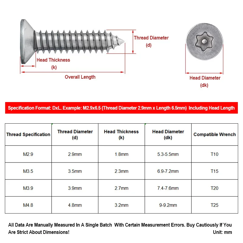 M2.9 M3.5 M3.9 M4.8 304 Stainless Steel Torx Pin Countersunk Anti-Theft Self-Tapping Screws 6.5mm-38mm Hardware Fasteners