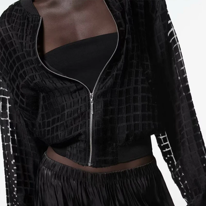 2025 Summer New Women's Fashion Personality Match Transparent Hard Net Pilot Jacket Polyester Fiber round Neck Zipper Short Coat