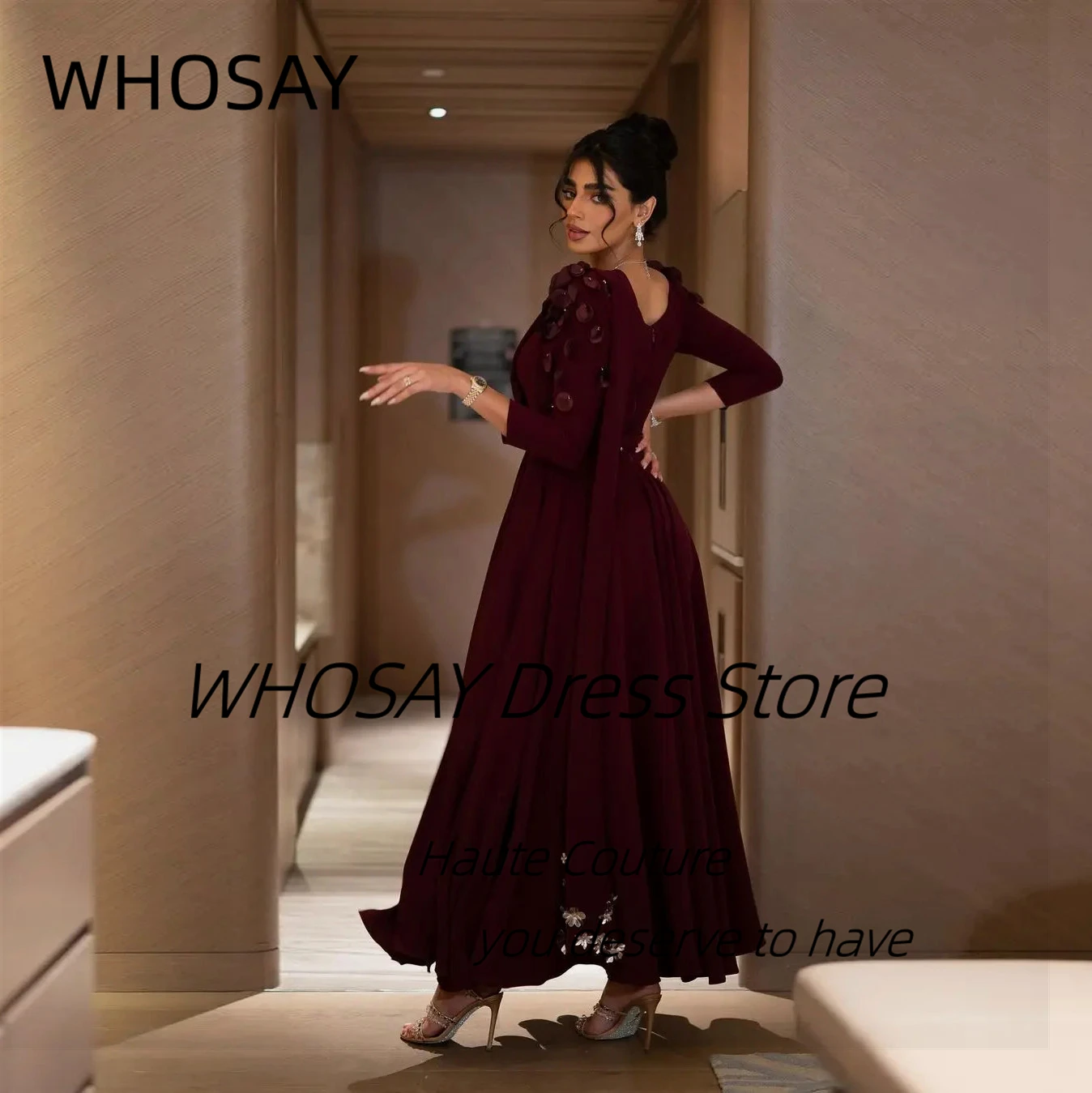 WHOSAY Robe De Soiree Femmes 3D-Flowers Long Sleeves Evening Dresses Saudi Arabia Women Wear Ankle Length Prom Party Gowns