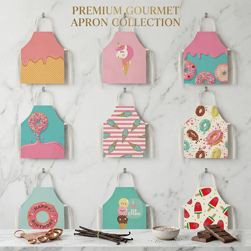 

Cute Donut Ice Cream Print Kitchen Apron for Women Girls Kawaii Dessert Baking Cooking Pinafore Chef Waitress Cafe Bib Home Wear