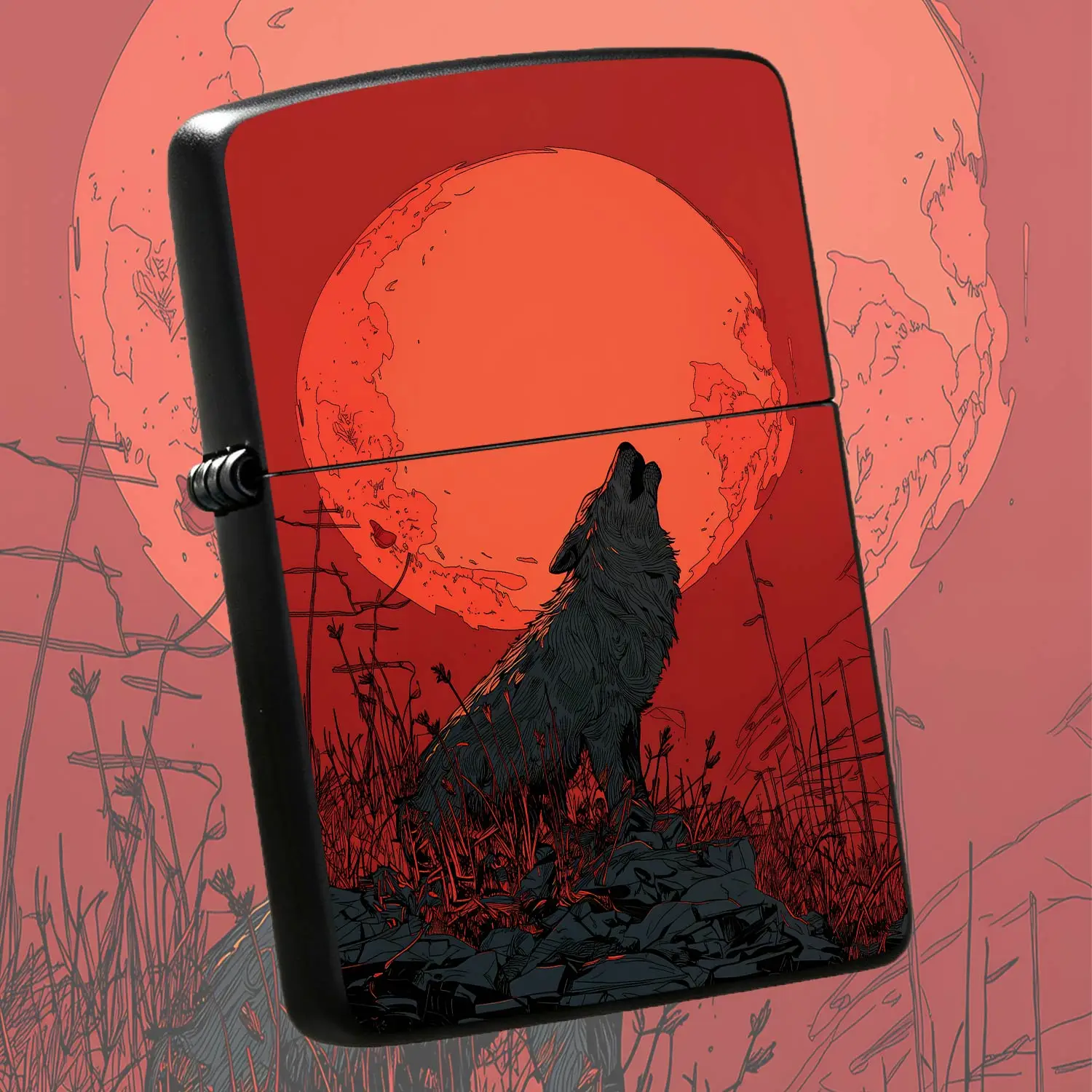 Creative Blood Moon Wolf Howling Pattern Lighter, Stylish Artistic Lone Wolf Under Full Moon Design Portable Igniter, Versatile Daily Use Accessory For Outdoor Travel Home Office, Unique Cool Themed Gift For Nature Art A Humorous And Intere
