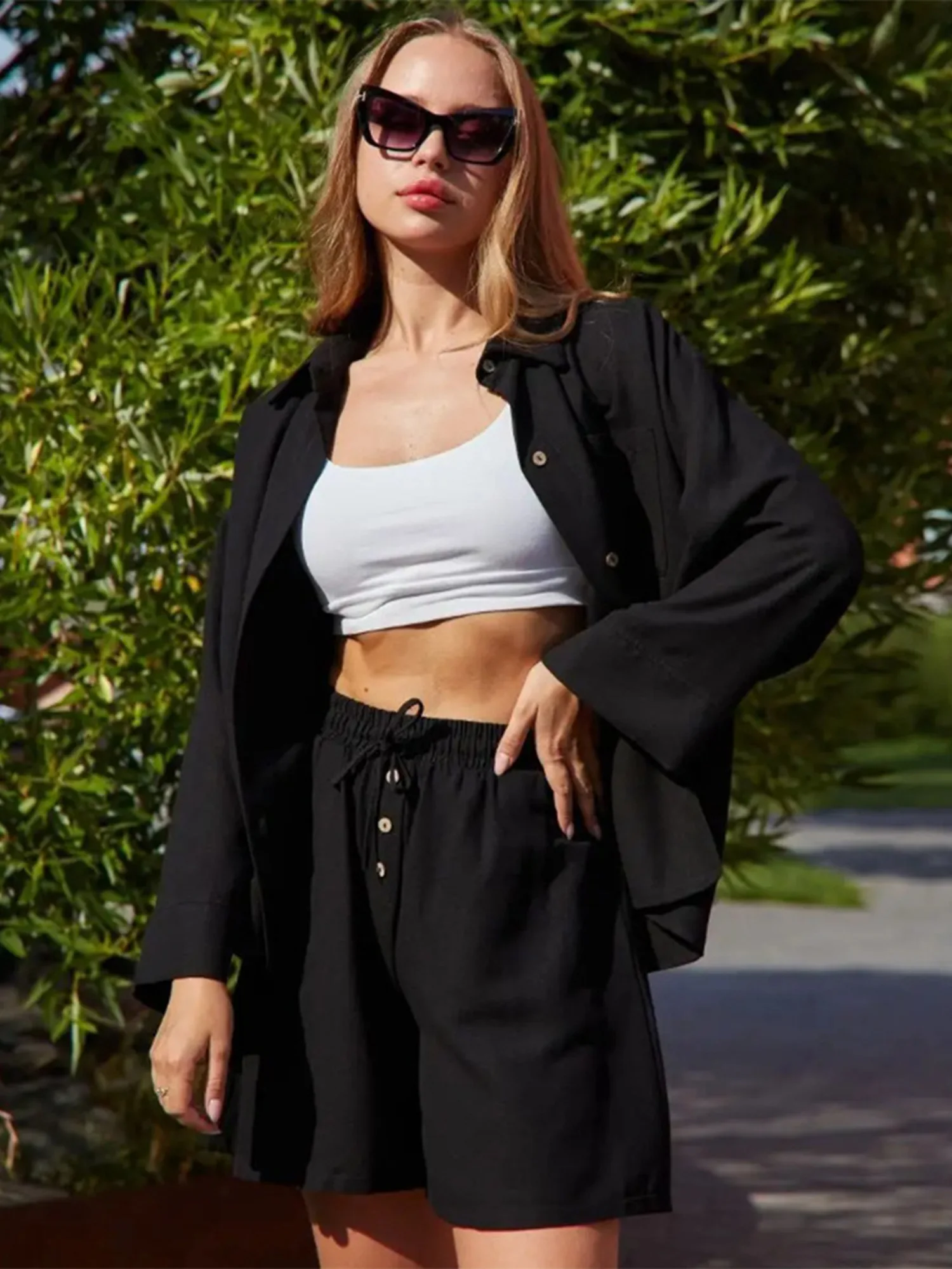 WXOY Women Rayon Linen 2 Piece Outfits Tracksuit Long Sleeve Button Blouses Shirts Tops High Waisted Shorts Sweatsuits Sets