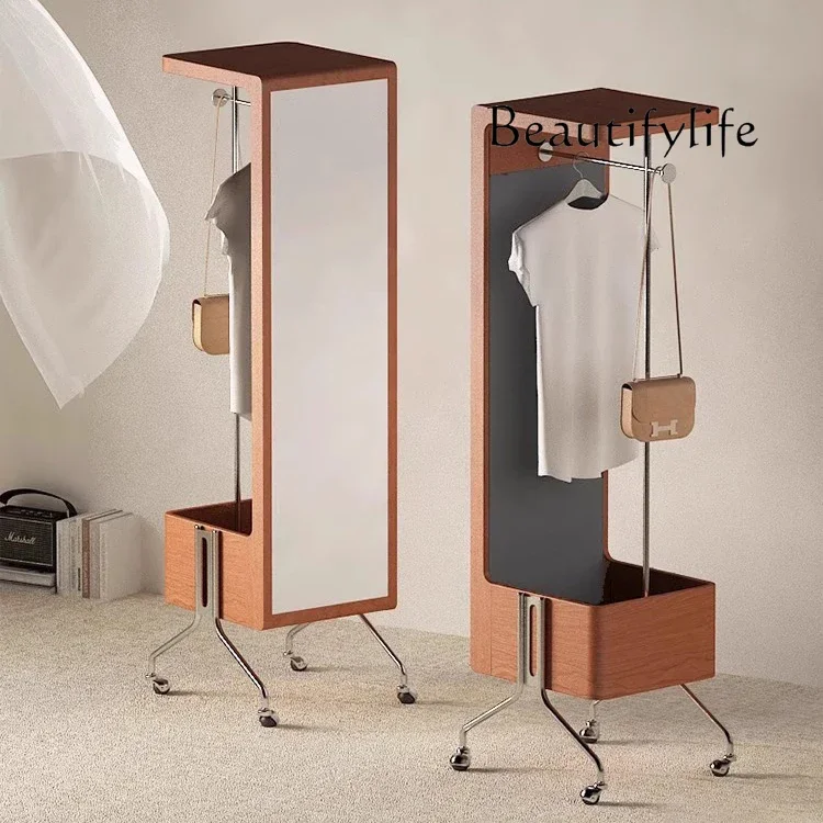 X35 Solid Wood Coat Rack Full-length Mirror Integrated Living Room Mobile Full-body Mirror Multi-functional Storage Hanger