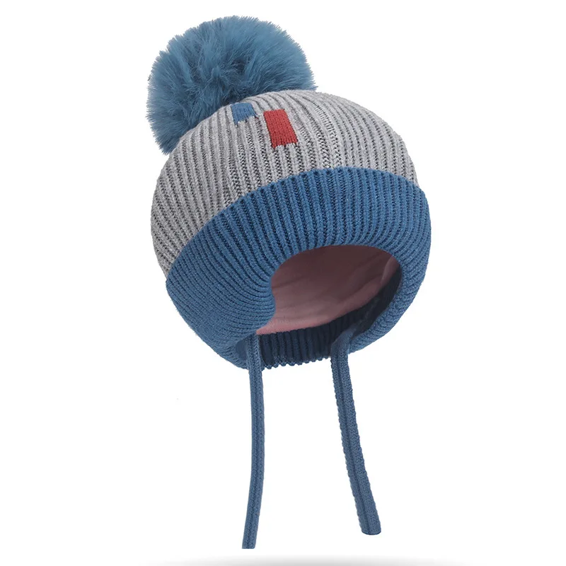 Winter Warm Baby Beanies Hat For Kids Girls Boys New Colored Block Knitted Caps Soft Knitting Hats Cute Furry Ball Toddler Cap
