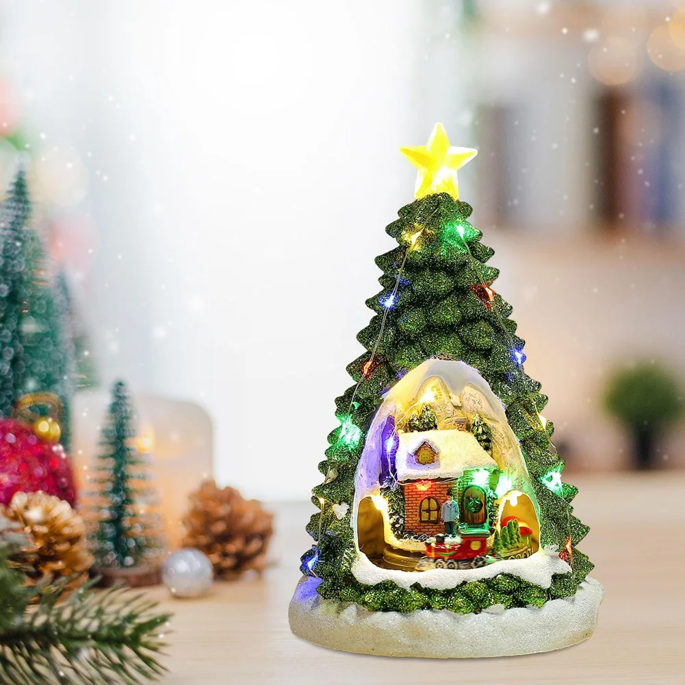 Christmas Tree Light House Music Decoration Adult Children Rotating Train Winter Scene House Desktop Holiday Decor A