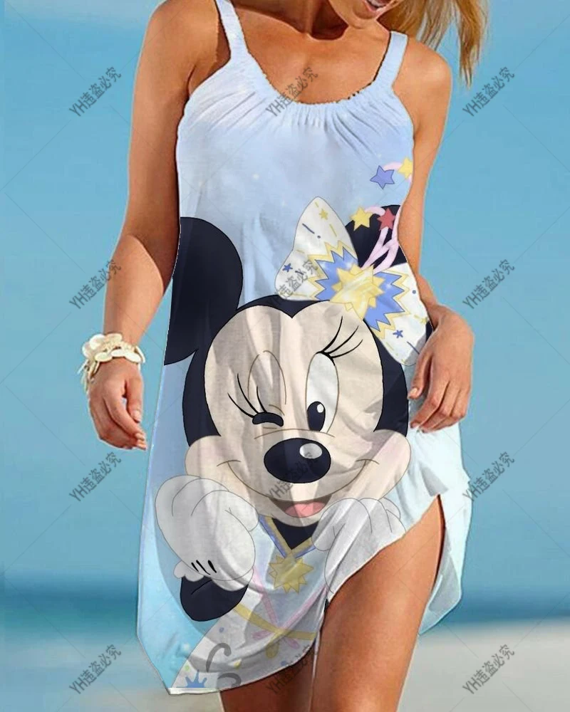 

2022 Disney Mickey/Minnie Beach Dress Loose Sling Dress Women Sleeveless 3D Printing Cartoon Fashion New Ladies Elegant Dress