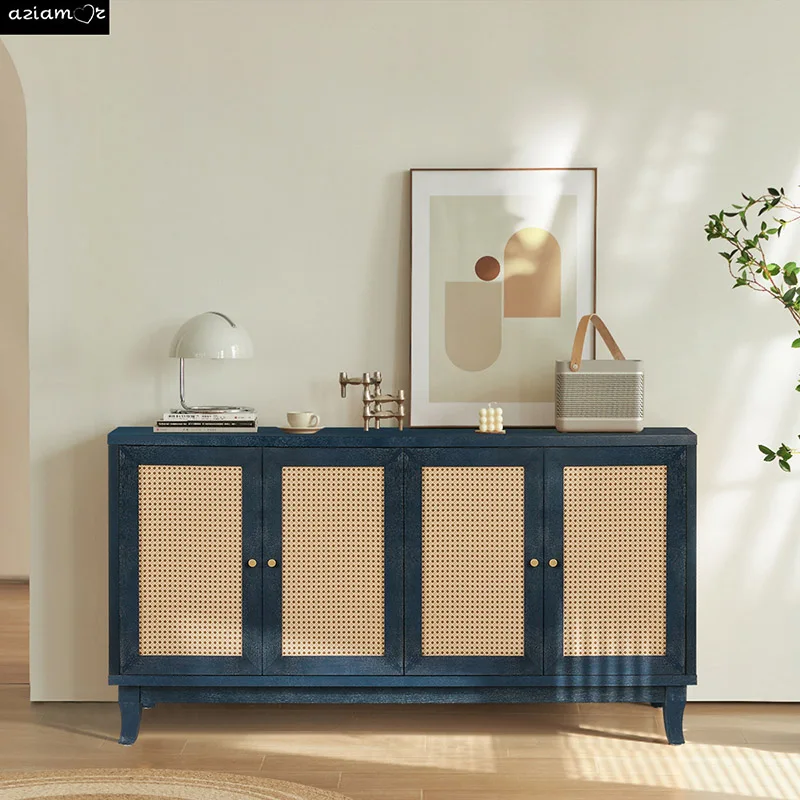 Handcrafted Premium Grain Panels,Rattan Sideboard Buffer Cabinet,Accent Storage Cabinet With 4 Rattan Doors, Modern Storage Cupb