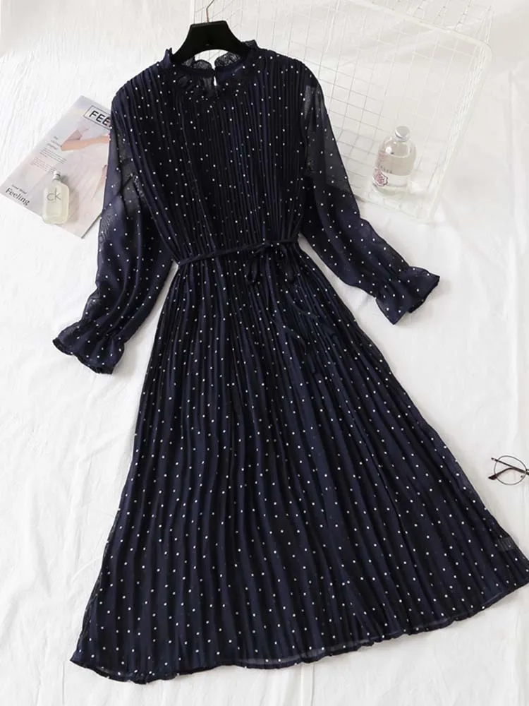 2023 Summer Women Ruffled Long-Sleeved Chiffon Dress High Waist Floral Broken Flower Beach Midi Dresses Pleated Vestidos