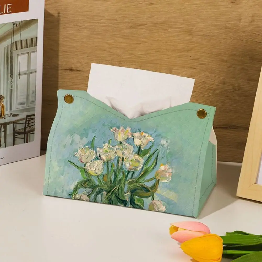 Creative Van Gogh Tissue Case Oil Painting Leather Paper Towel Box Durable Large Storage Desk Decoration Car