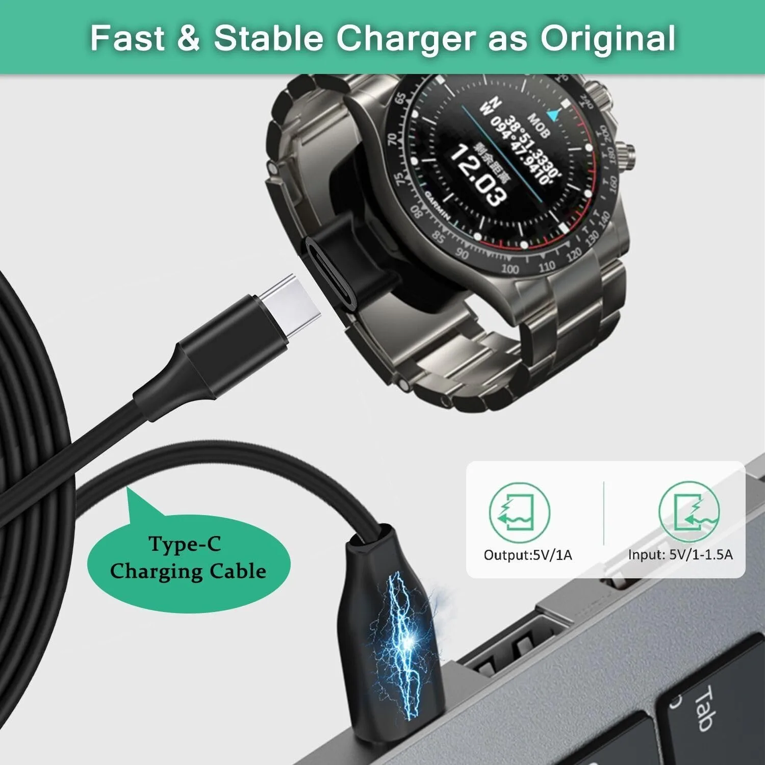 USB Type-C Chargers Adapter For Garmin MARQ 2 Adventure/Athlete/Aviator/Captain/Golfer (Gen 2) MARQ2 watch Fast Charging Cable