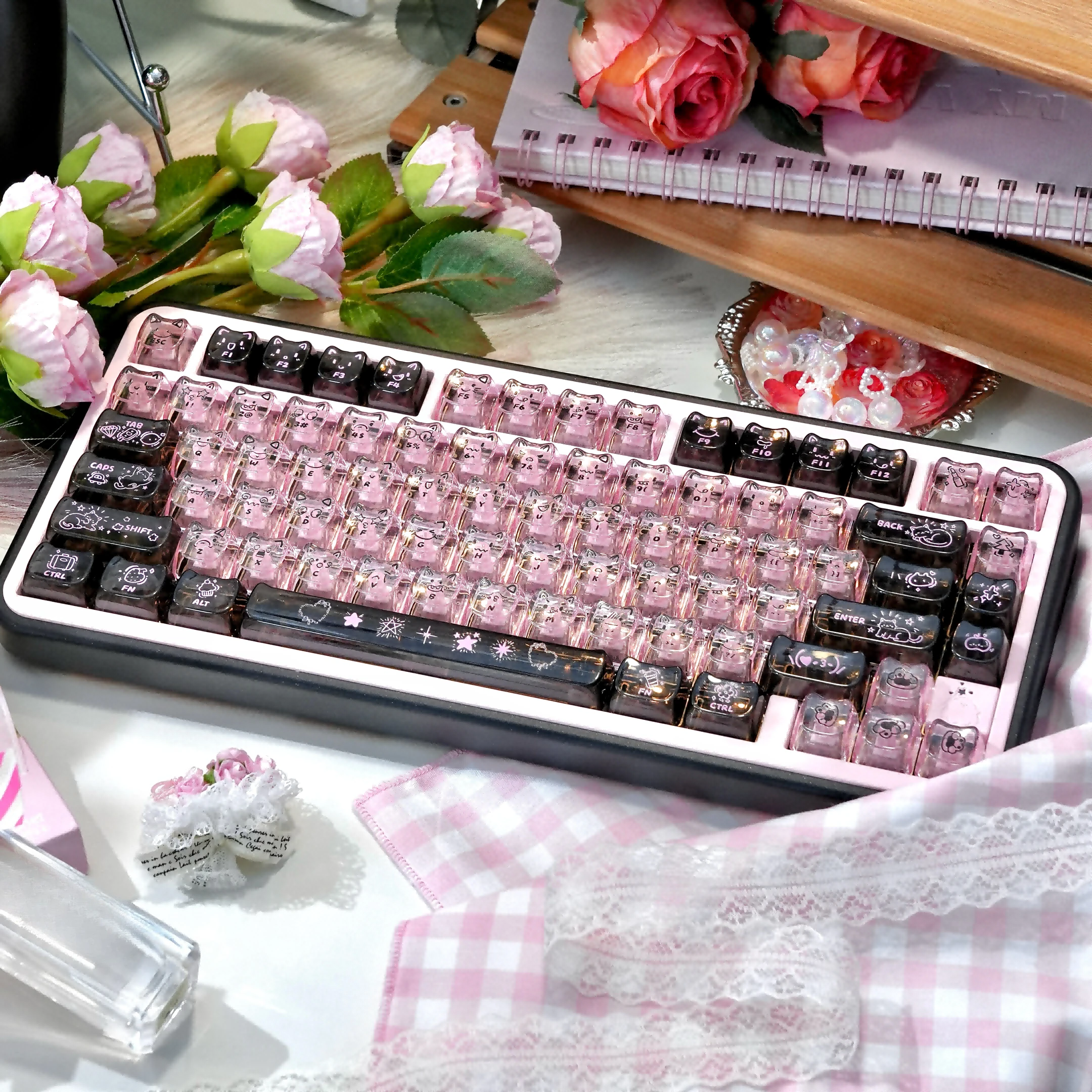 Cute Fully Transparent Keyboard Keycaps, Keyboard Accessories, Black Pink Transparent Cross Keycaps