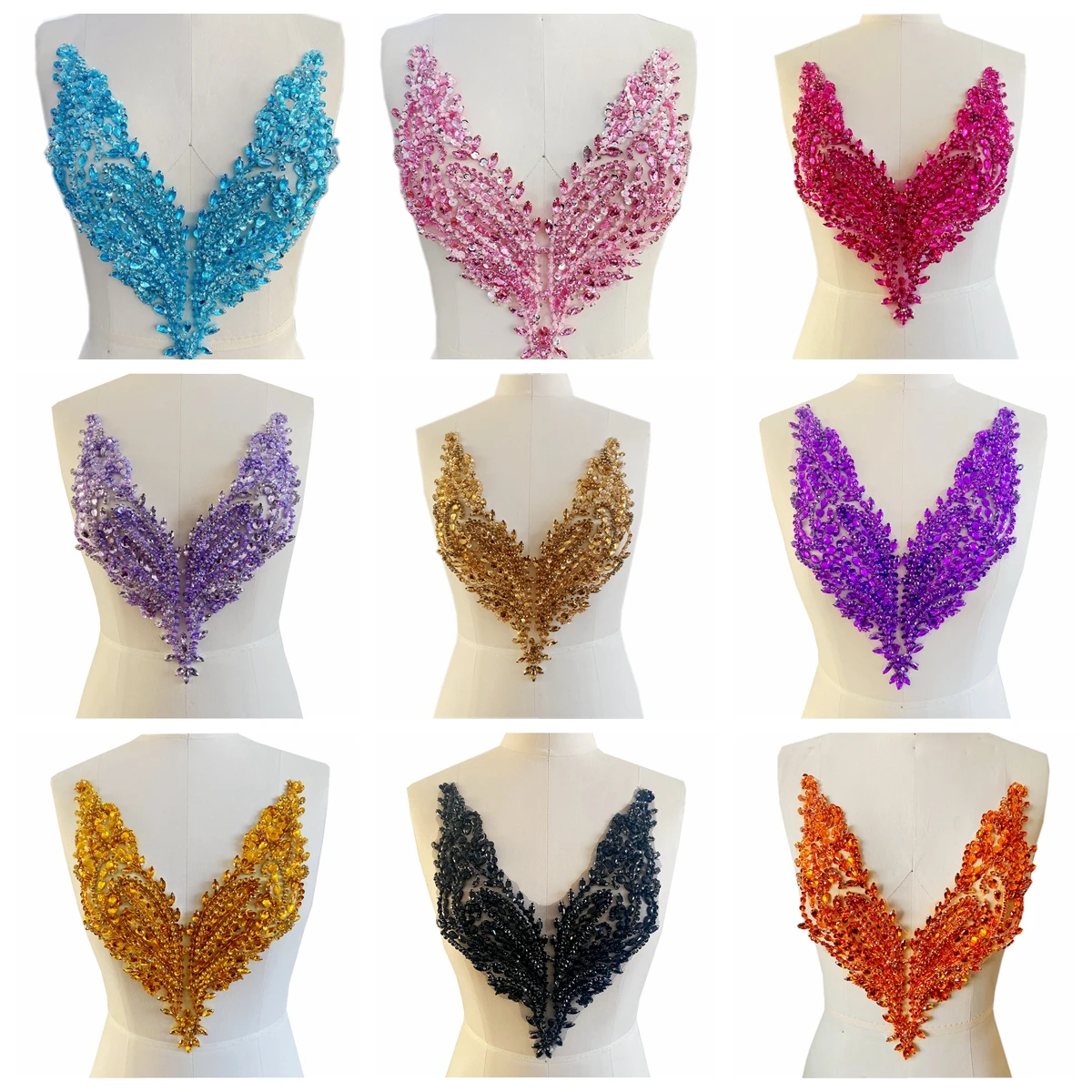 Pure Handmade Rhinestones Beads Applique sew on Crystal Sequins lace Trim Patches Accessories for Dress Clothing Neckline Shiny