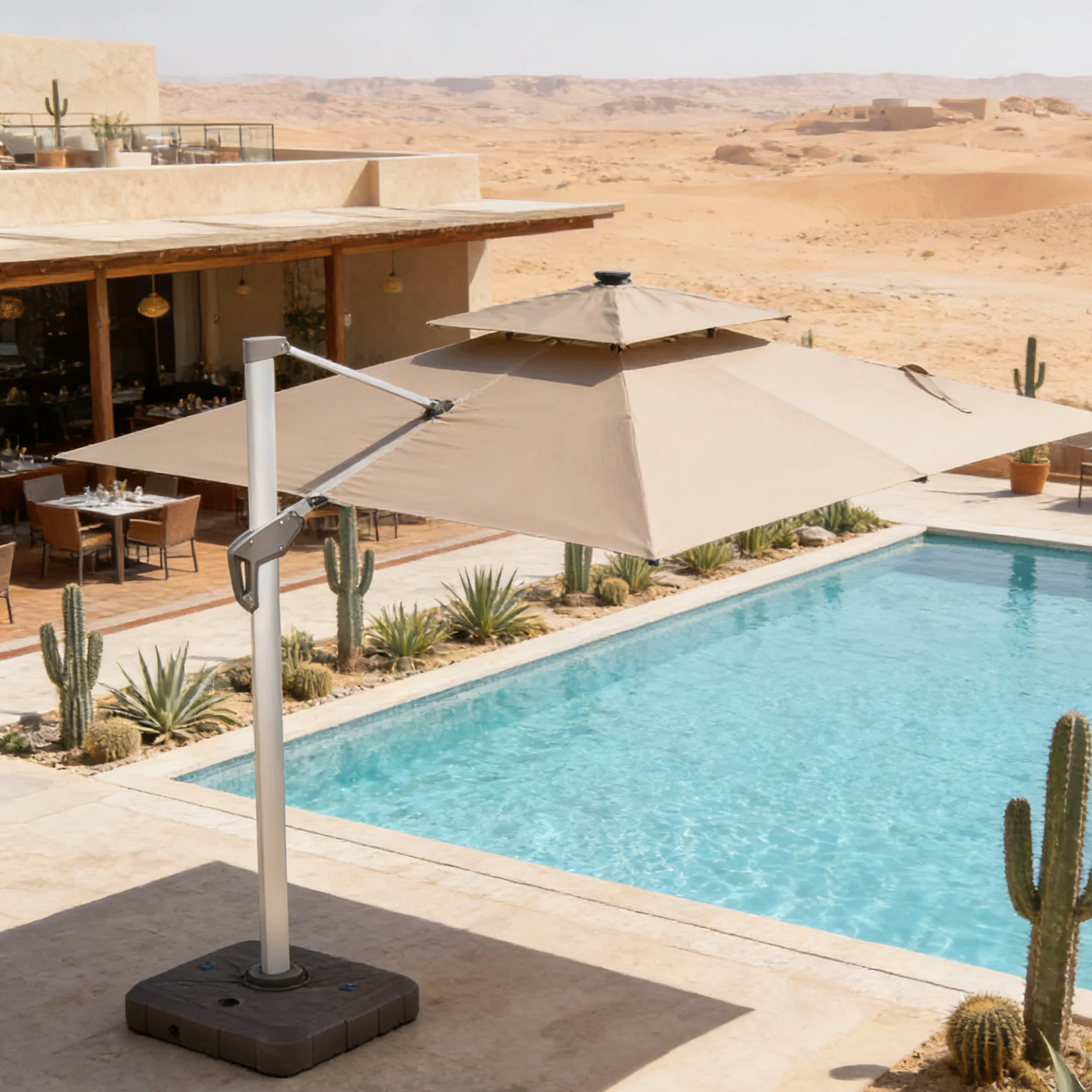 Resort Side Sunshade With Elegant Silver Metal Pole Multi Color Outdoor Parasol For Garden Hotel Pool Patio