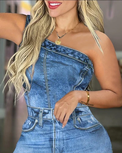 Imagen 2 del producto 2024 moda de verano vestido de mujer Casual todo tipo Denim estampado cuello Diagonal un hombro sin mangas ceñido al cuerpo Mini vestido