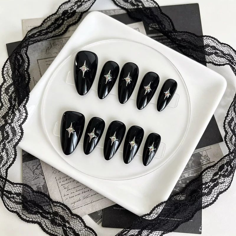 10pcs Black Almond Press on Nails Handmade Acrylic Fake Nails Milky Way Stars Short Wearable False Nails Decoration Finger Tips