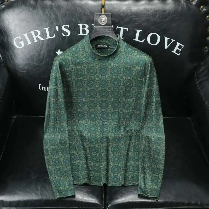 

2024 Fall Red Green Pattern Print Half Turtleneck T Shirt Men Luxury Flora Royal T Shirt Men Club Outfits Velvet Tshirt Homme