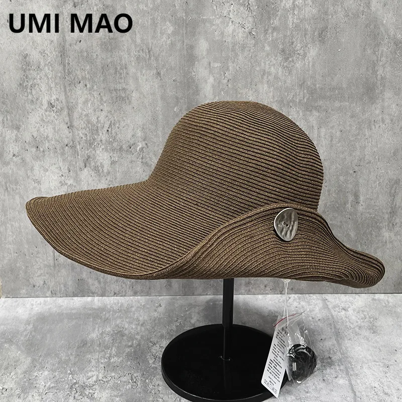 

UMI MAO шляпа от солнца с широкими полями и пуговицами для женщин, летняя кепка, универсальная модная шляпа от солнца для пляжного отдыха и отдыха, Femme