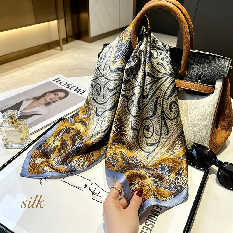 Point Stone Wall, Ground Texture, Gold, Universal Dust-proof Sunshade Decorative Silk Square Scarf, Wrapping Scarf.