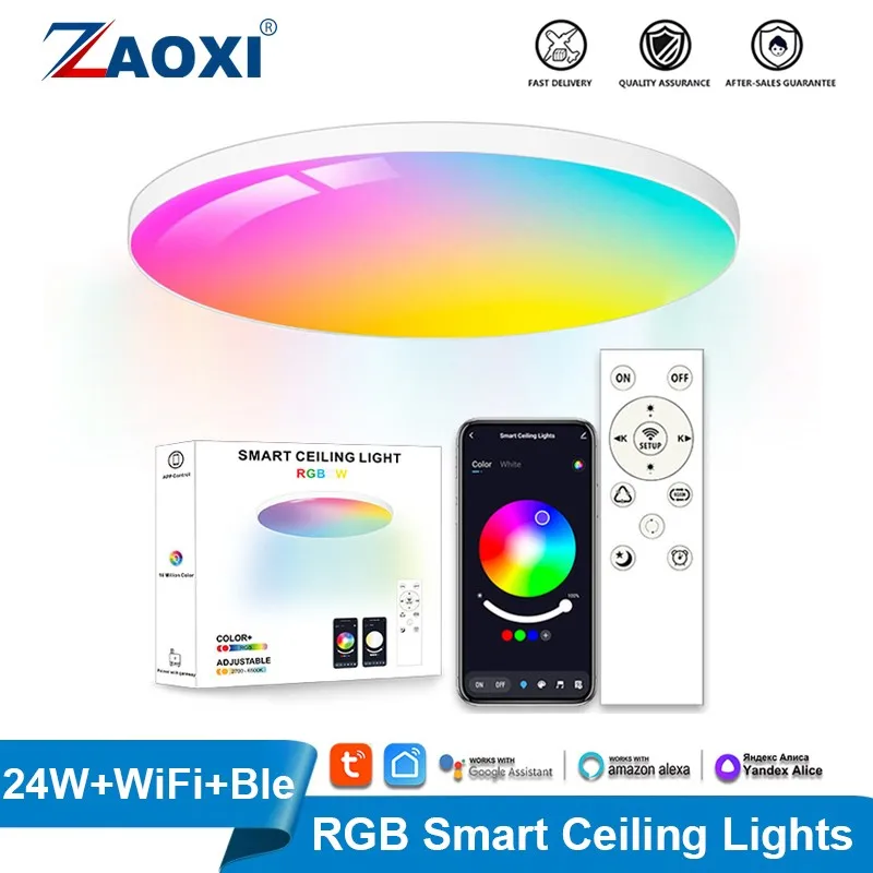 ZAOXI 24W Smart Ceiling Light Graffiti Bluetooth RGBCW Google Home Alexa Voice Assistant APP Remote Control LED Ceiling Lamp 36V