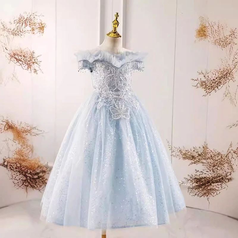 Elegante Flower Girl Dress Tassel Beads Boat Neck Children's First Communion Gown Vestidos De Fiesta Elegantes Para Mujer 2024