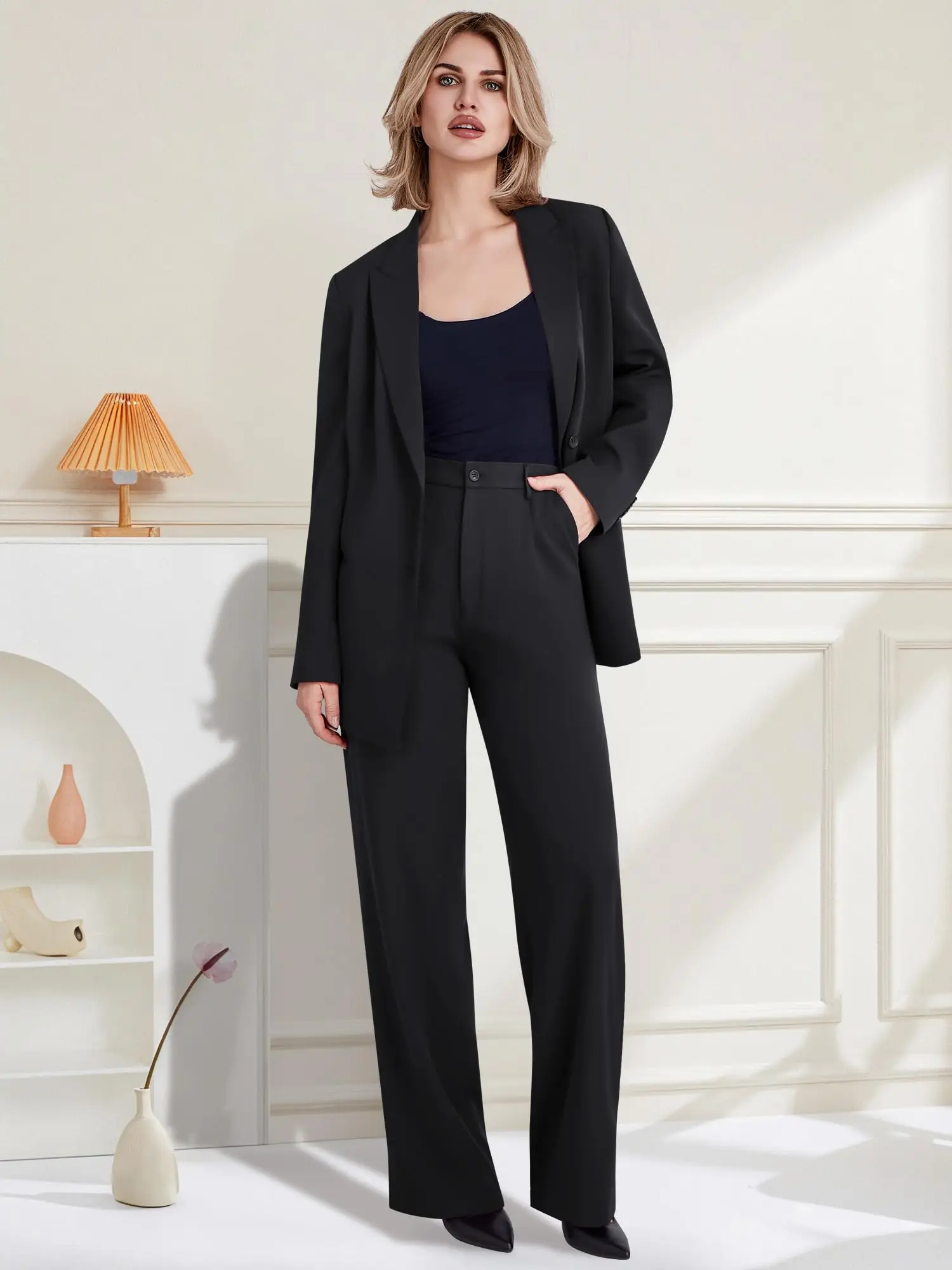 

Women's 2 Piece Suit Two Button Business Casual Office Work Outfits Dressy Blazer Wide Leg Pants Set