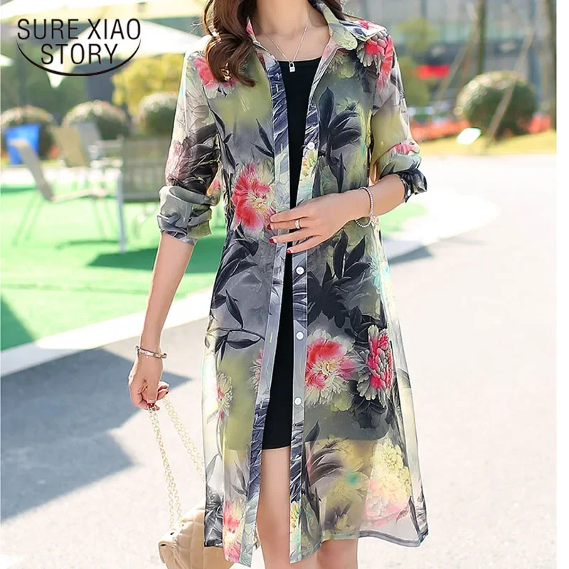 Summer Long Sleeve Floral Loose Cardigan Chiffon Blouse Women Long Shirt Women Beach Sun Protection Clothes Print Tops 9127 50